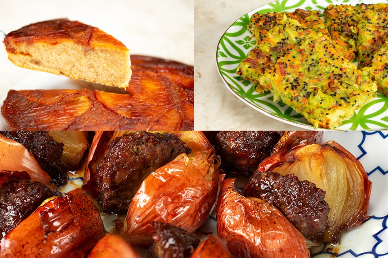 3 Tepside 3 Yemek: Soğan Kebabı, Elmalı Ters Yüz Kek, Sebze Mücveri