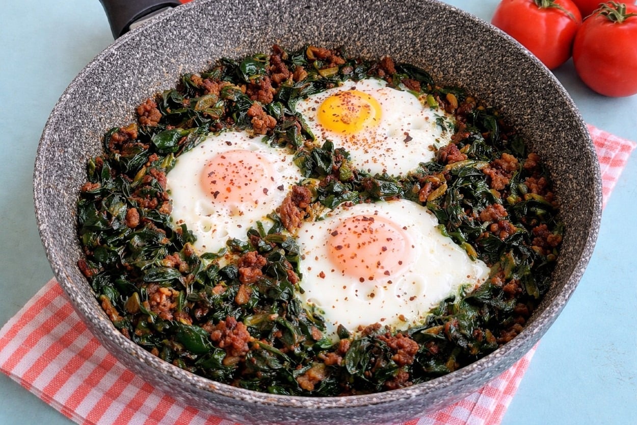 Doyurucu Kahvaltılara: Kıymalı Yumurtalı Ispanak