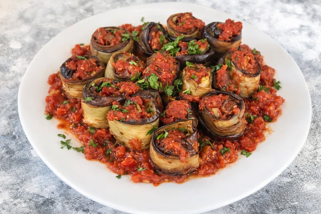 Domates Soslu: Zeytinyağlı Patlıcan Sarma